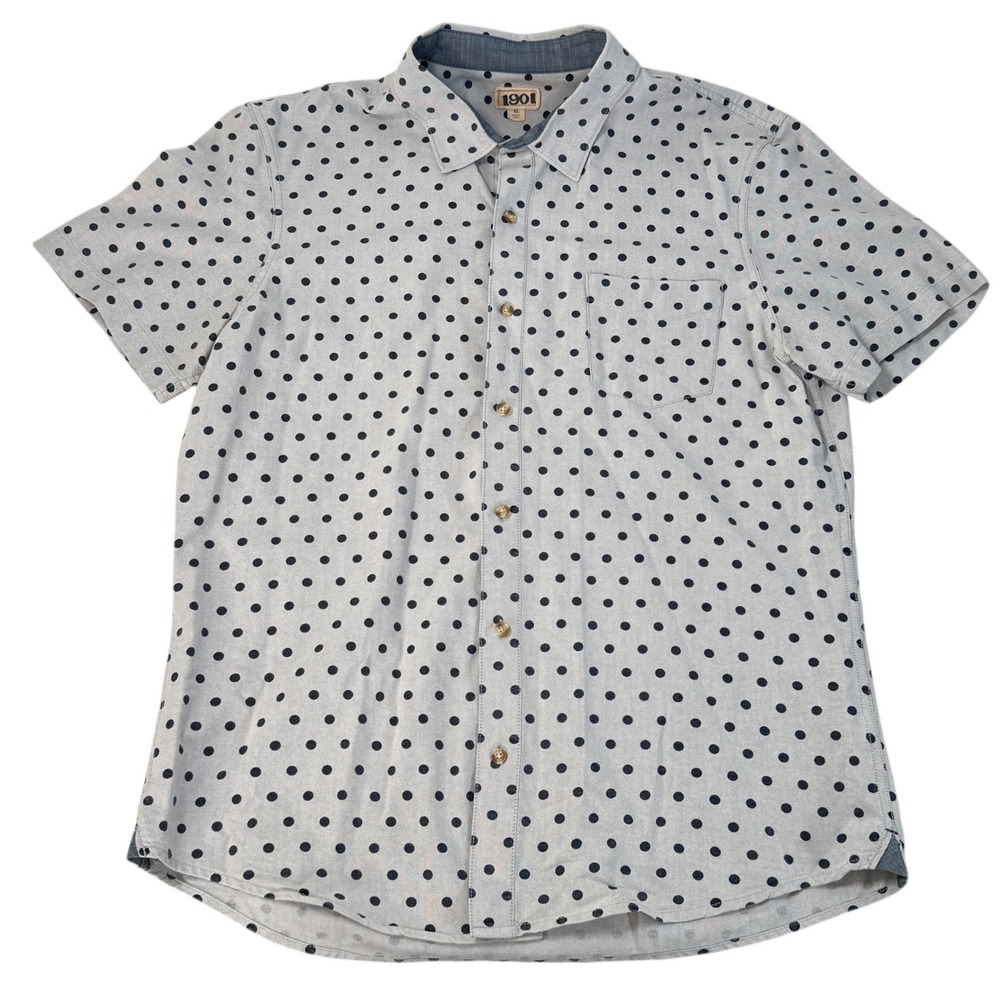 1901 Mens XL Light Gray Navy Polka Dot‎ Short Sleeve Button Down Cotton Shirt